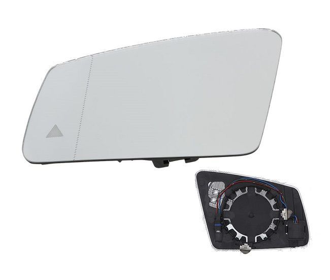 Geam oglinda exterioara Mercedes Clasa A (W176), 06.2012-08.2018; Clasa B (W246), 09.2011-02.2019; Clasa C (W204), 2009-2014, stanga/dreapta, incalzit; sticla asferica; geam cromat; cu functie de unghi mor