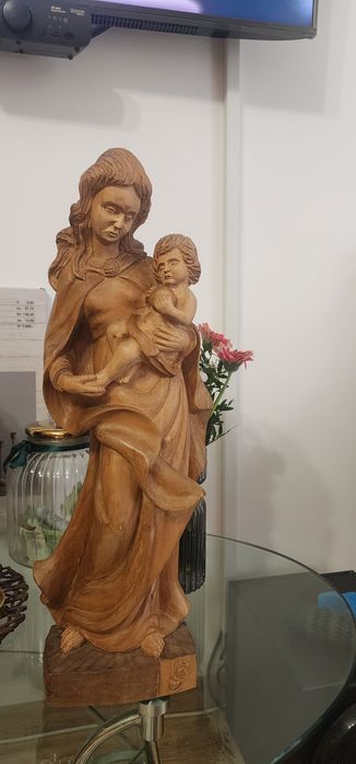 Figurina lemn sculptat Fecioara Maria cu Pruncul Issus , 55 cm
