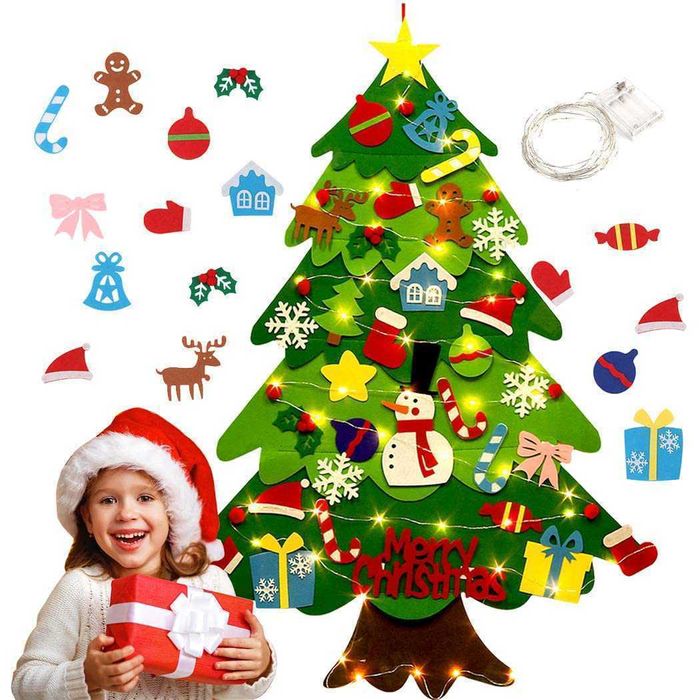 Brad de Craciun copii din Fetru, 100x70cm, 30 decoratiuni si banda LED