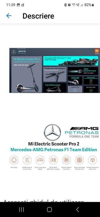 Trotineta electrica Xiaomi MI PRO 2 Mercedes AMG Petronas F1 Team Ed