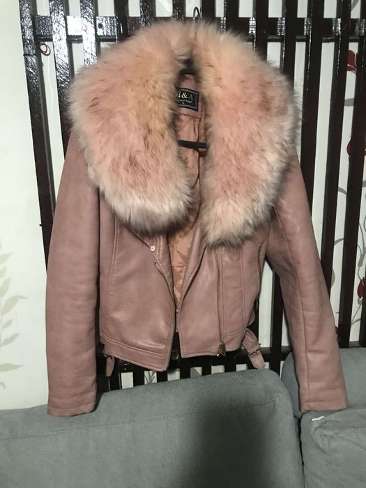 Geaca piele eco cu blana, culoare roz pudră