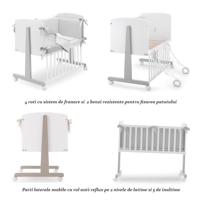 Pătuț co-sleeping alb + saltea cocos + lenjerie + set plapumă & pernă