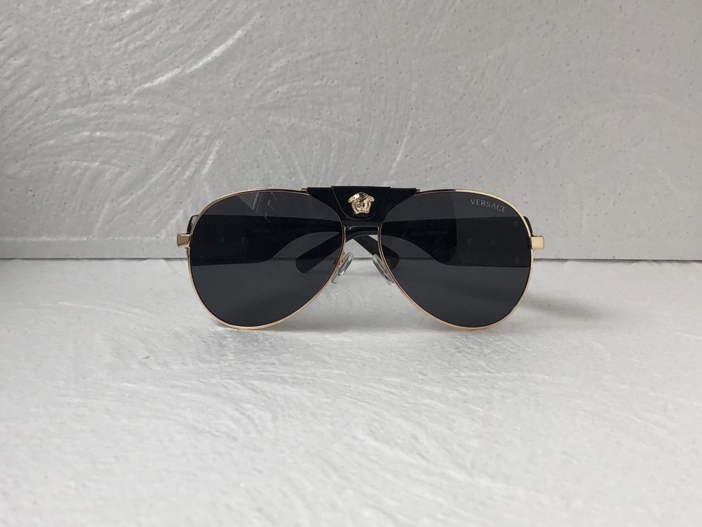 Versace Дамски Мъжки слънчеви очила авиатор черни бели с кожа VE 2150