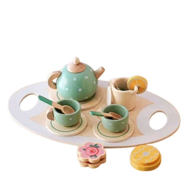 Set cu ceainic si cesti din lemn, joc de rol pentru copii, 15 piese
