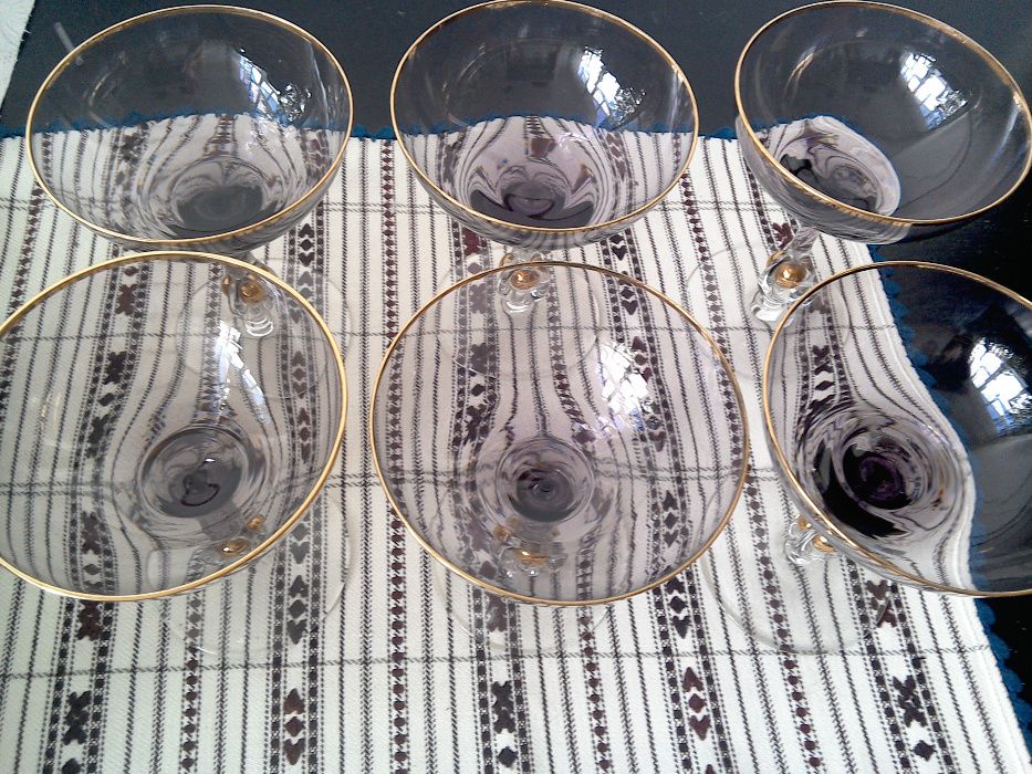 Pahare (cupe) de șampanie, cristal fumuriu cu aur, set complet 6 bucăț
