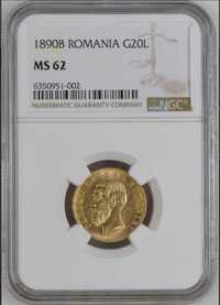Moneda aur 20 lei 1890, Carol I, gradata NGC MS 62
