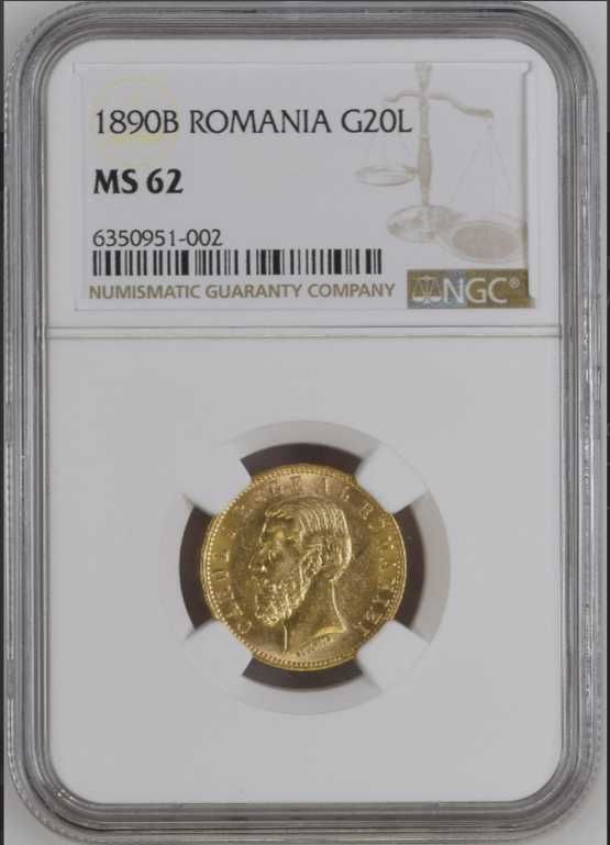 Moneda aur 20 lei 1890, Carol I, gradata NGC MS 62