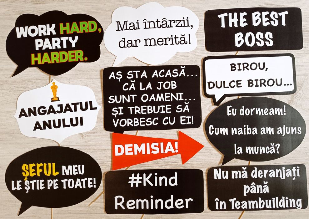 Recuzită foto propsuri pancarte mesaje petrecere firma corporate