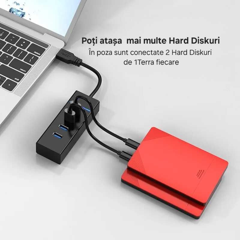 Hub 4port. Transfer fulger: 5Gbps. Capacitate: 10Terra. USB 3.0.