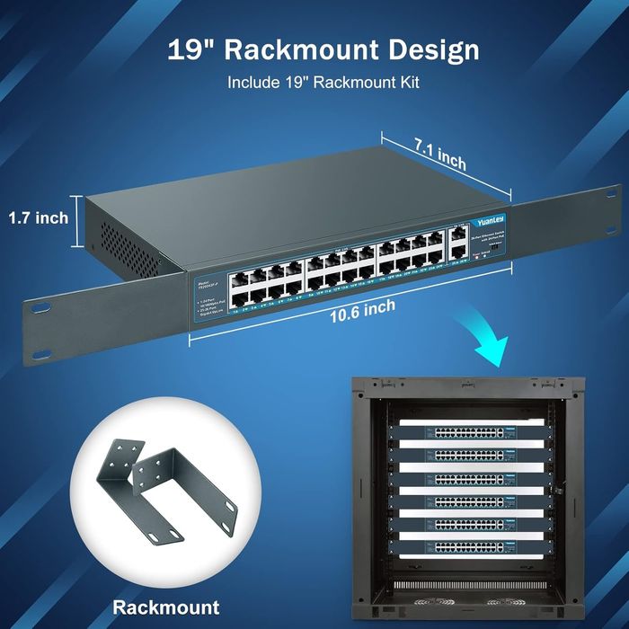YuanLey 26 порта PoE суич, 24x 10/100Mbps PoE+, 2х 1000Mbps Gigabit