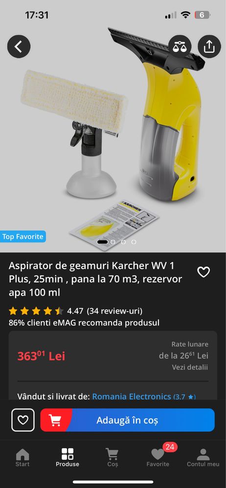 Aspirator de geamuri Karcher WV 1 Plus, 25min , pana la 70 m3