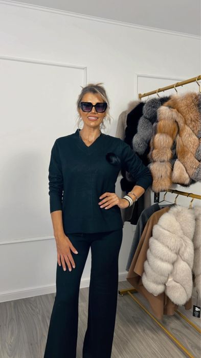 Costum casual doua piese pantaloni si bluza mix lana si tricotaj