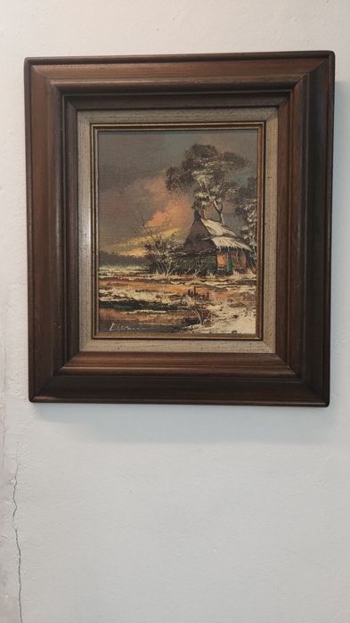 Красива картина, зимен пейзаж. Масло.