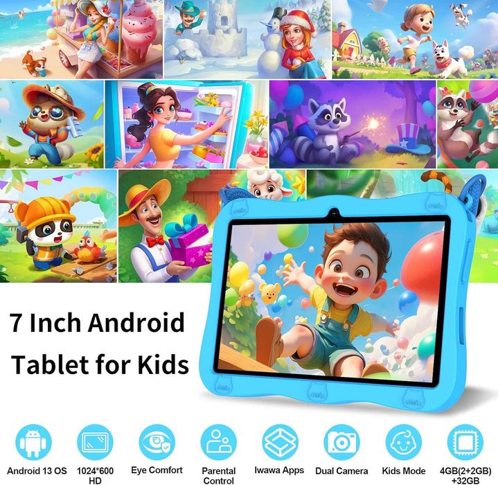 Детски таблет VASOUN, 7 инча, 32GB, Android 13 с WiFi, двойна камера