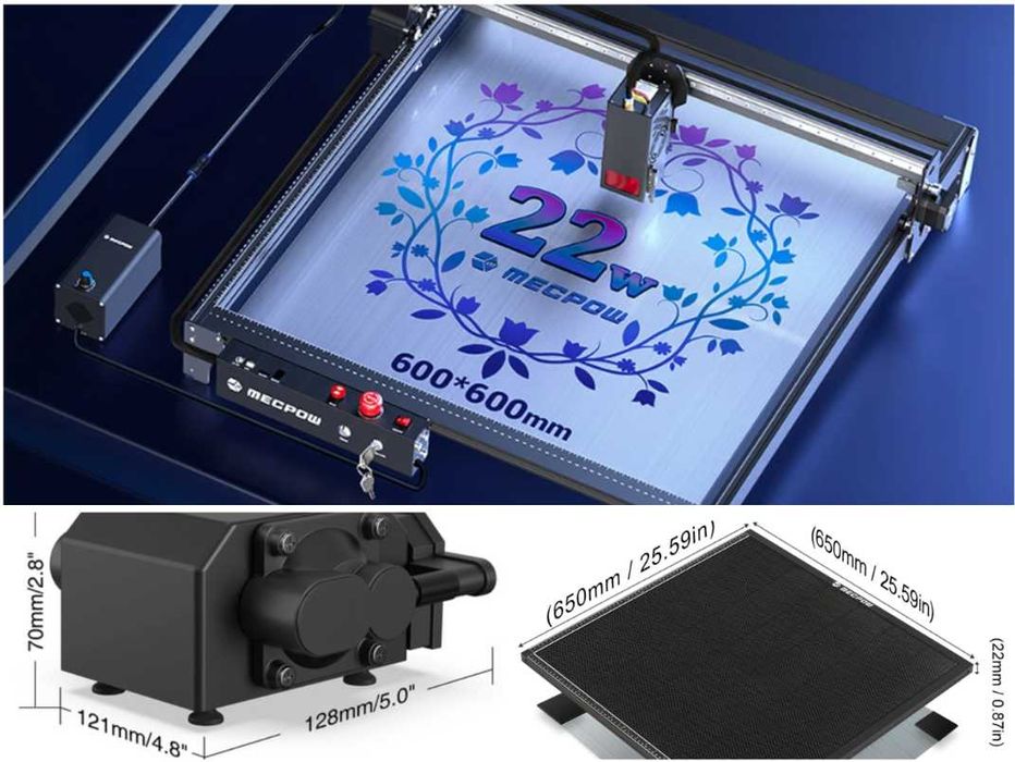 Laser CNC X5 Pro, 22W Optic, 600x600mm + air assist + fagure- NOU