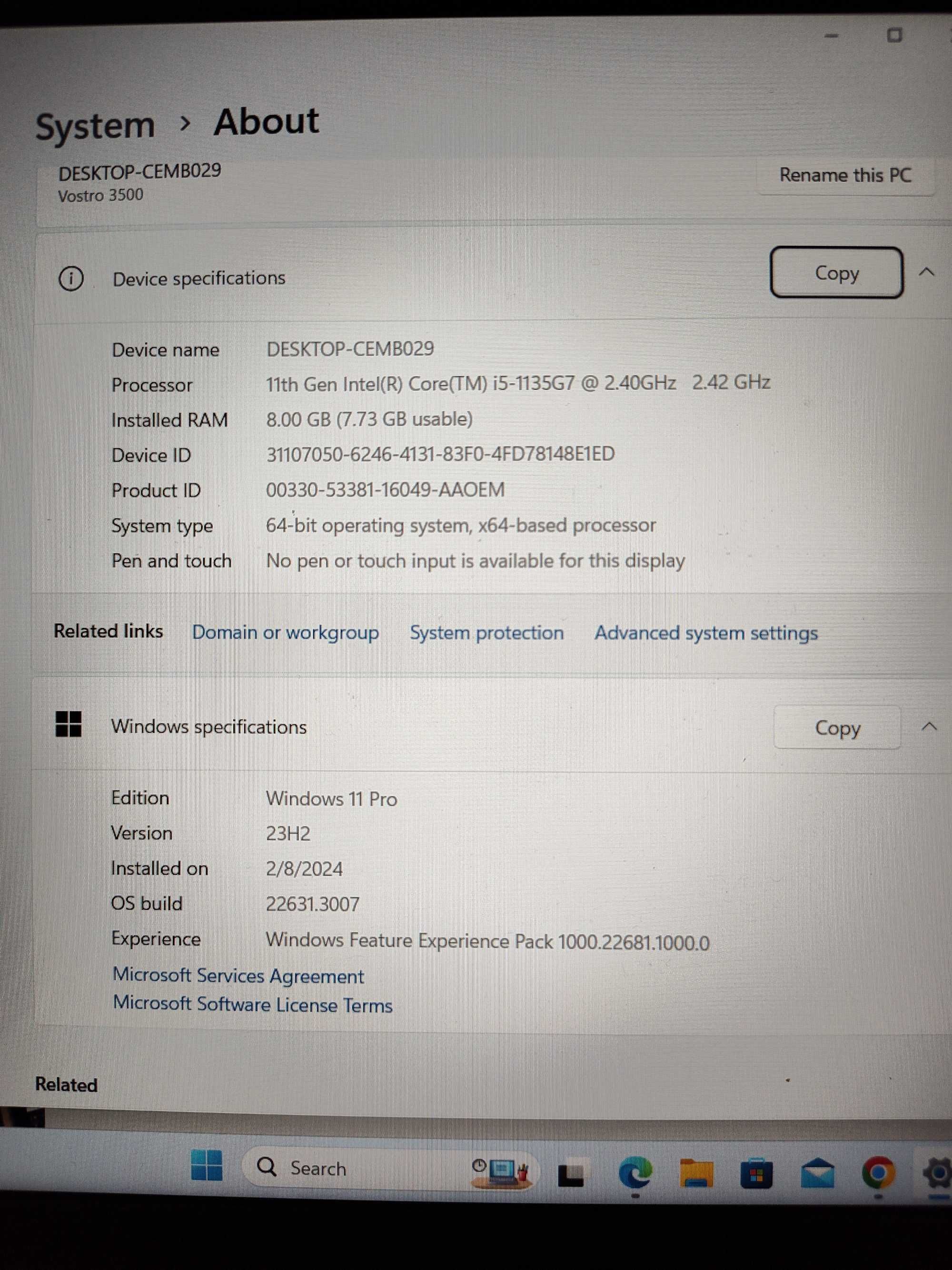 Laptop DELL Vostro 3500, I5-1135G7 11th Gen, 2.4Ghz, 8Gb RAM