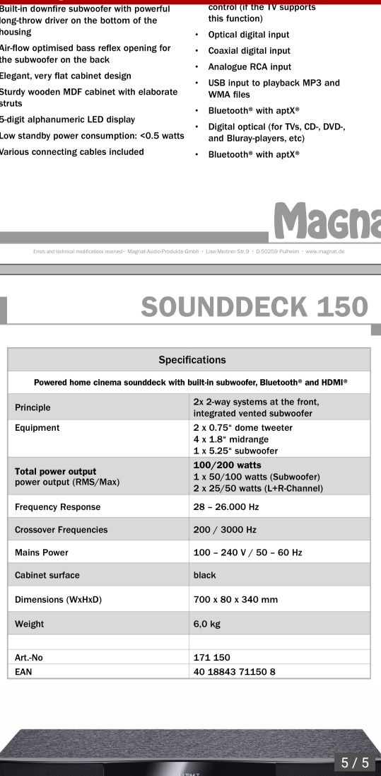 Magnat sounddeck 150 soundbar boxa