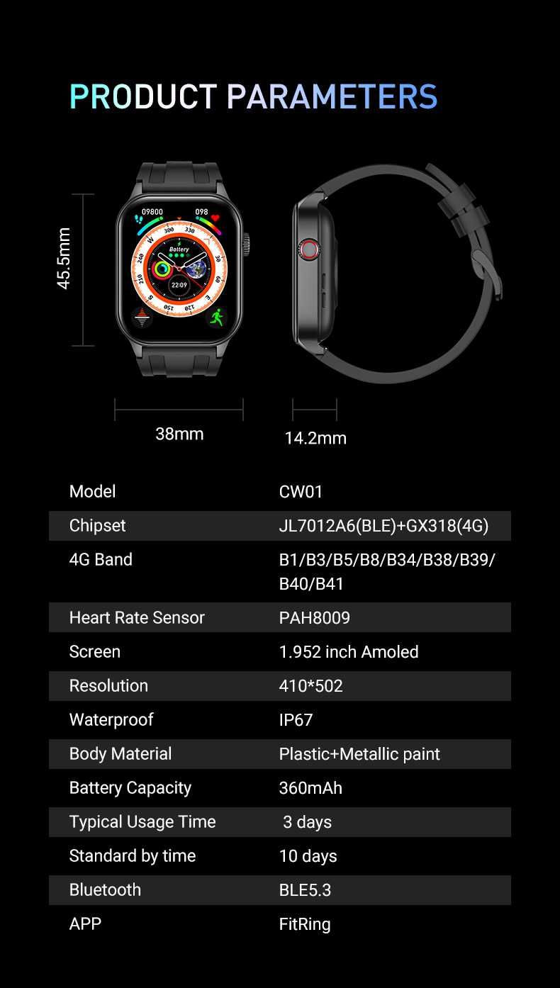 Smartwatch 4G + BT CALLING , suporta card SIM ecran 1,952 Amoled