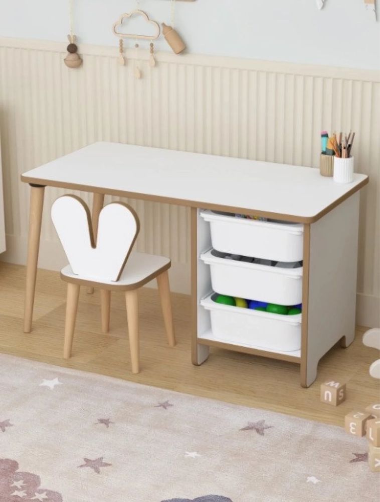 Детска маса с три чекмеджета 90*45см с 1 Стол "KinderTable"-Бял