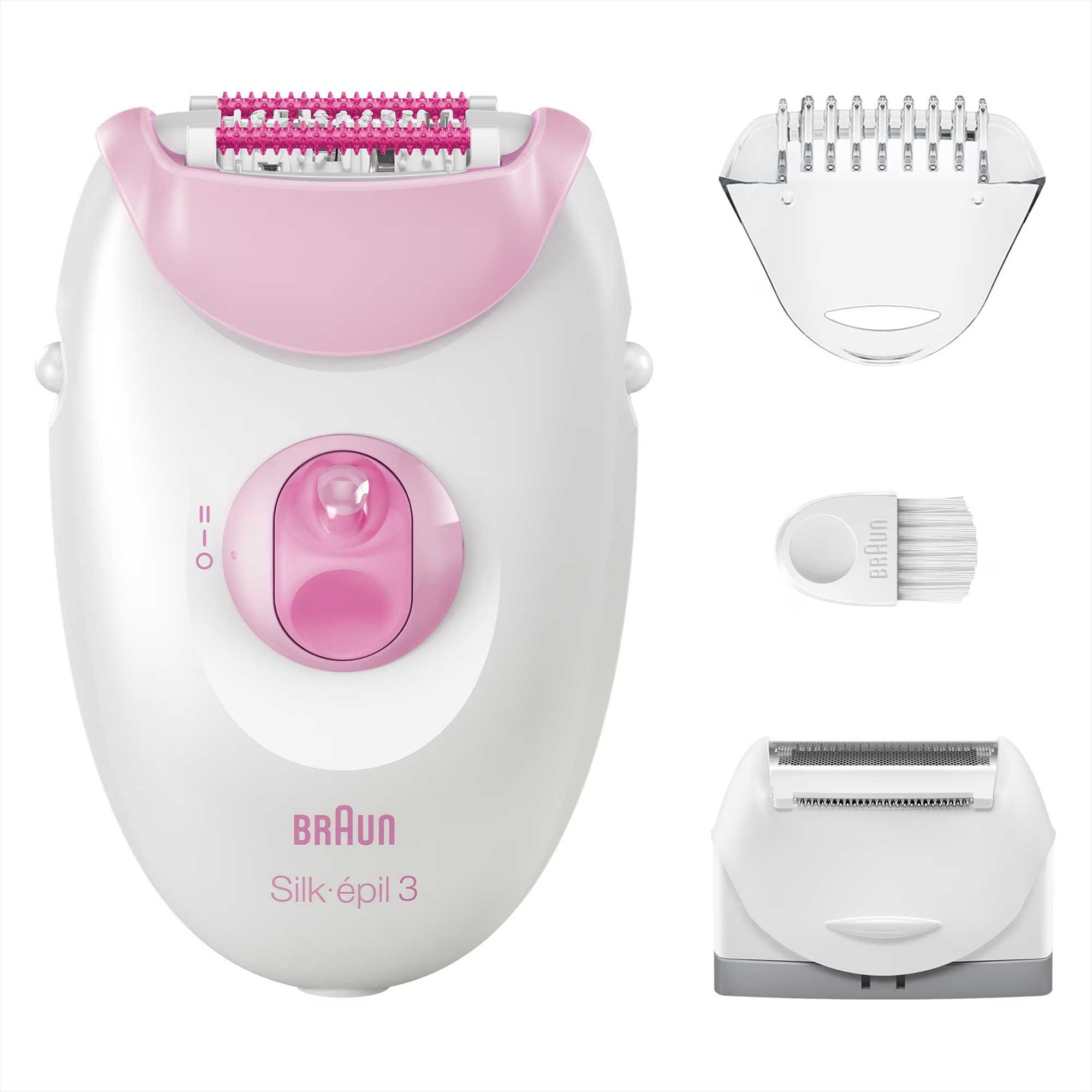 Epilator Braun Silk-épil 3 3-031, Cap de ras + Pieptene, 2 viteze, Roz
