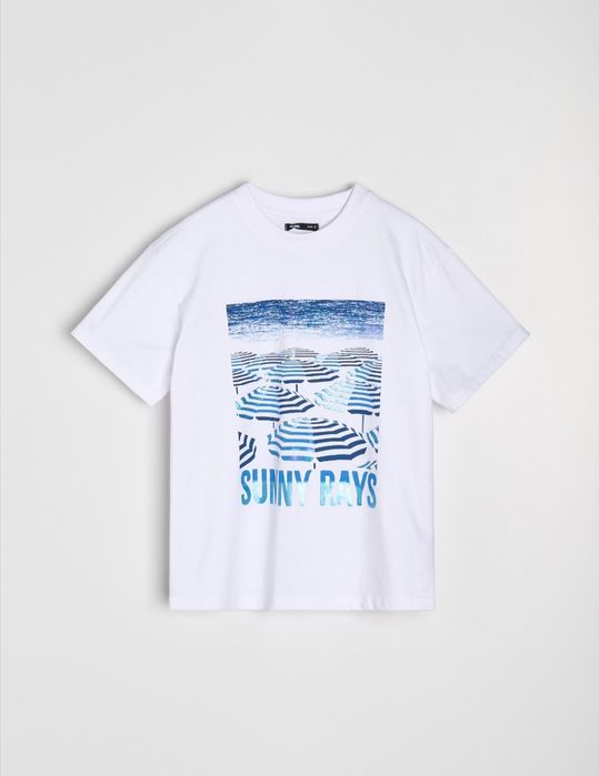 Нова дамска бяла тениска памук с принт Sinsay размер XXS