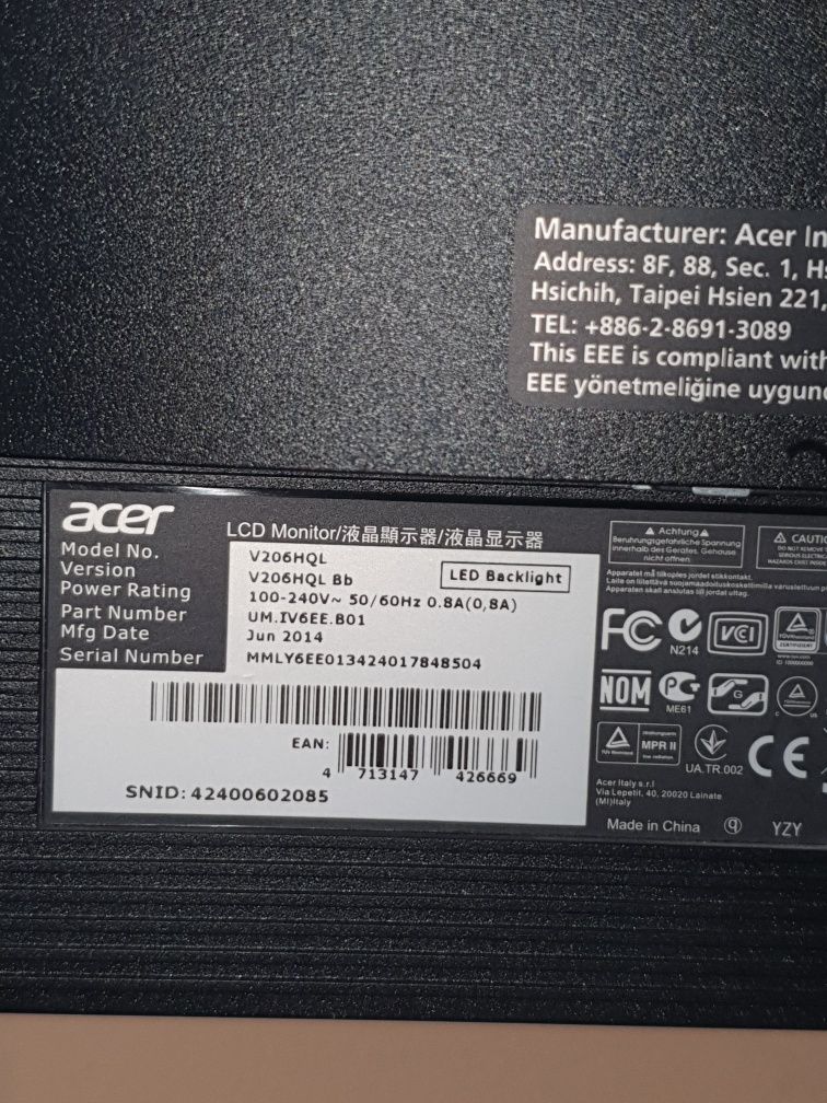 Monitor LCD Acer V206HQL 19,5"/49 cm