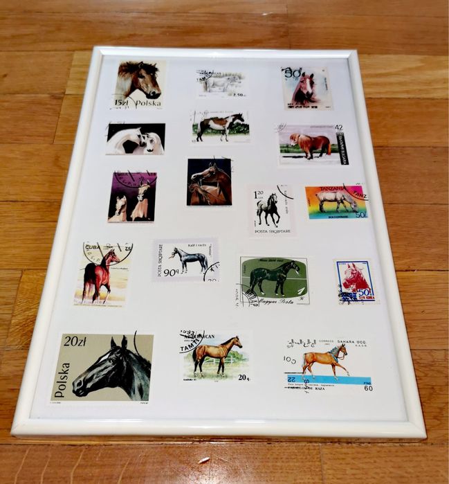 Картина от пощенски марки 17 бр. коне в бяла рамка 20,5 х 28,5 х 2 см