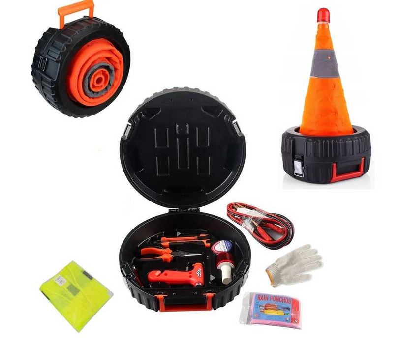 Авариен комплект за автомобил с конус и Кабели за ток, Дъждобран и др.