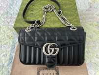 Гучи Черна Кожена чанта Marmont Оригинална Gucci Дръжка И Синджир GG