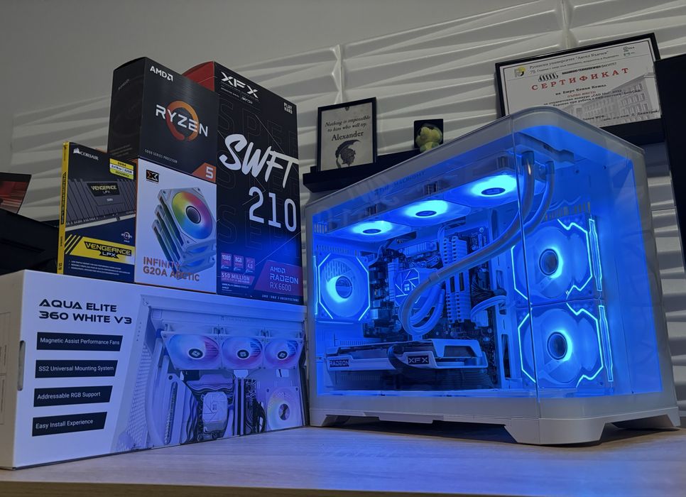 Бял Геймърски компютър Ryzen 5600X, Aio, RX6600, 32 ram, 512 ssd, 550W