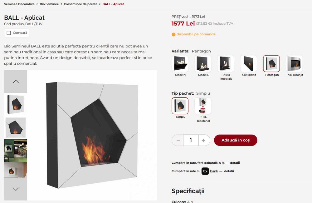 Șemineu cu bioetanol Ball