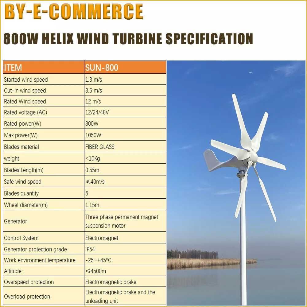 Eoliana 48Volţi / 800 Waţi , 6 Pale + MPPT Controler , Noua