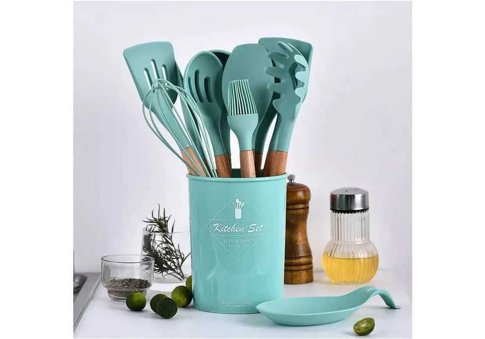 Set 12 Ustensile Bucatarie Silicon cu Maner Lemn, Ergonomic