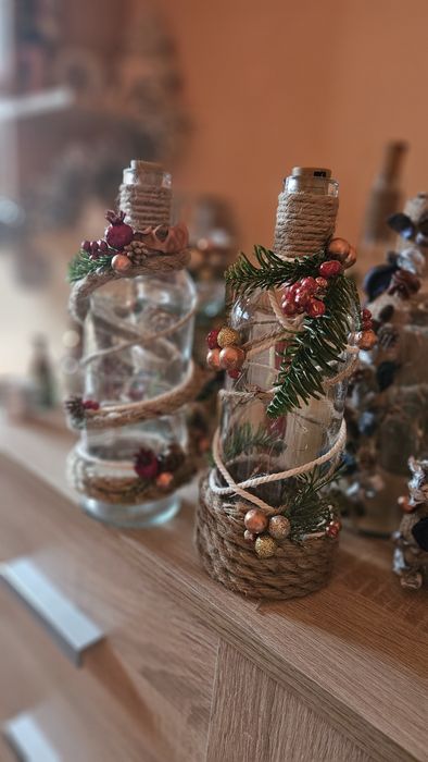 Коледни светещи бутилки и свещници- ръчна изработка.