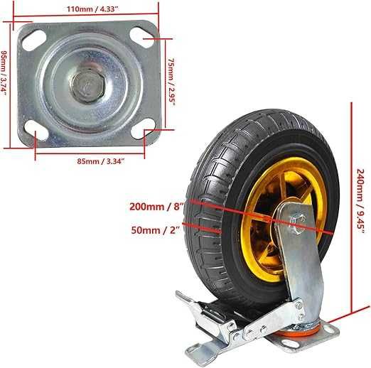 Set 4 roti pivotante Qwork, 200 mm, pivotante 360°, cu frana