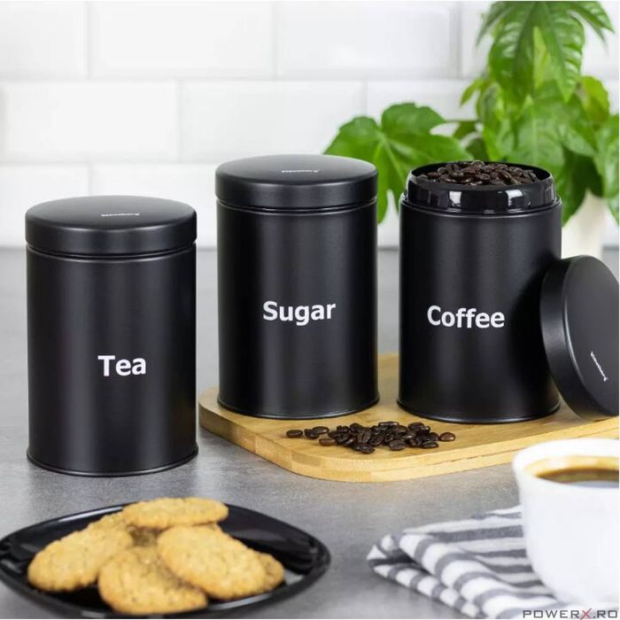 Set 3 recipiente pentru bucatarie cu inscriptii albe, inox, negre,