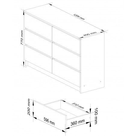 Comodă pentru sufragerie K 120 cm, 6 sertare - stejar artizanal