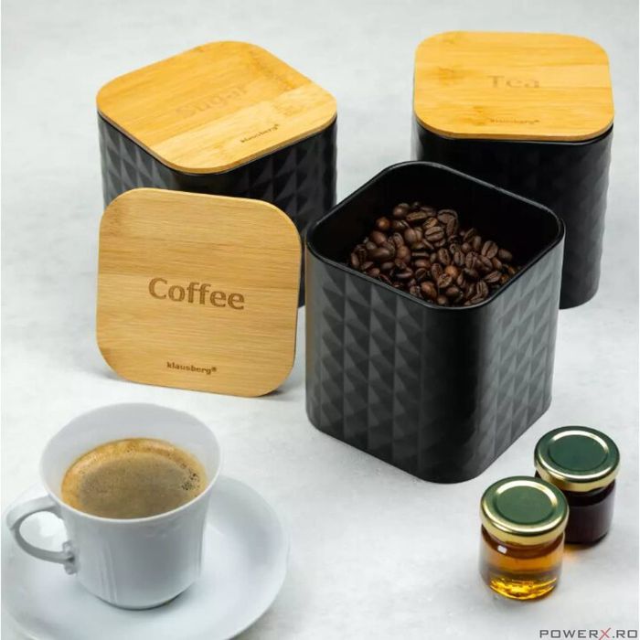 Set 3 recipiente pentru bucatarie, inox-bambus, negru cu irizatii,