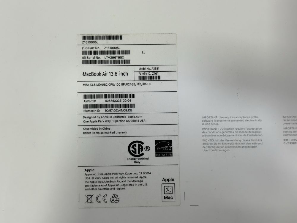 Macbook air m2 ozu 24gb ssd 1tb korobka document original
