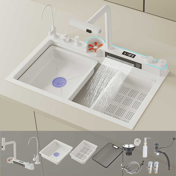 Луксозна бяла мултифункционална кухненска мивка с двоен водопад