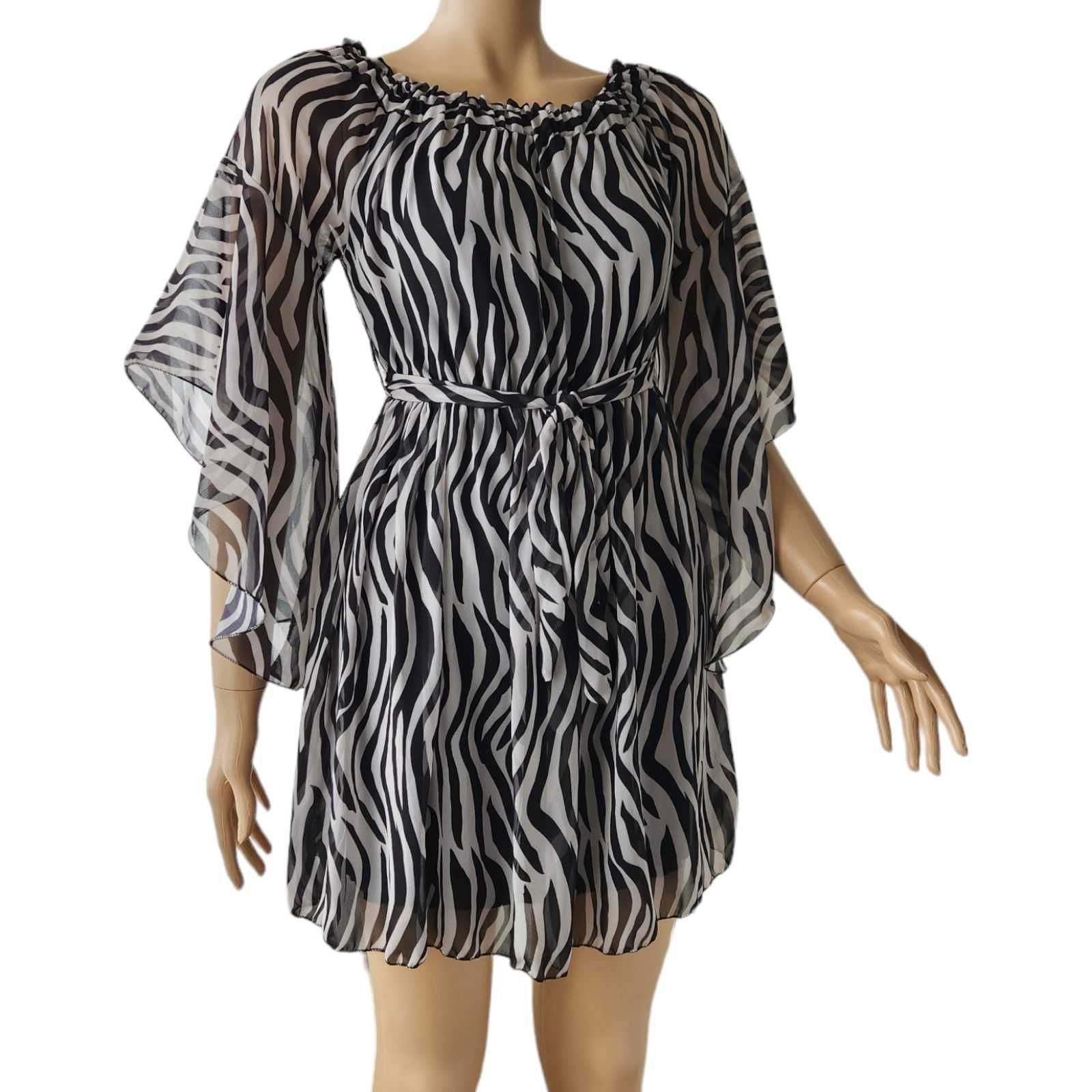 Rochie din voal cu imprimeu zebra, talie elastica, cordon,  marime M