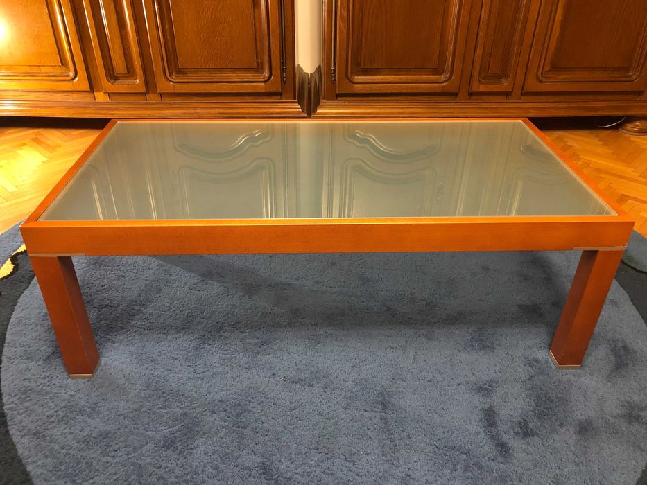 Masuta cafea lemn cires + cristal sablat + aluminiu, stare foarte buna