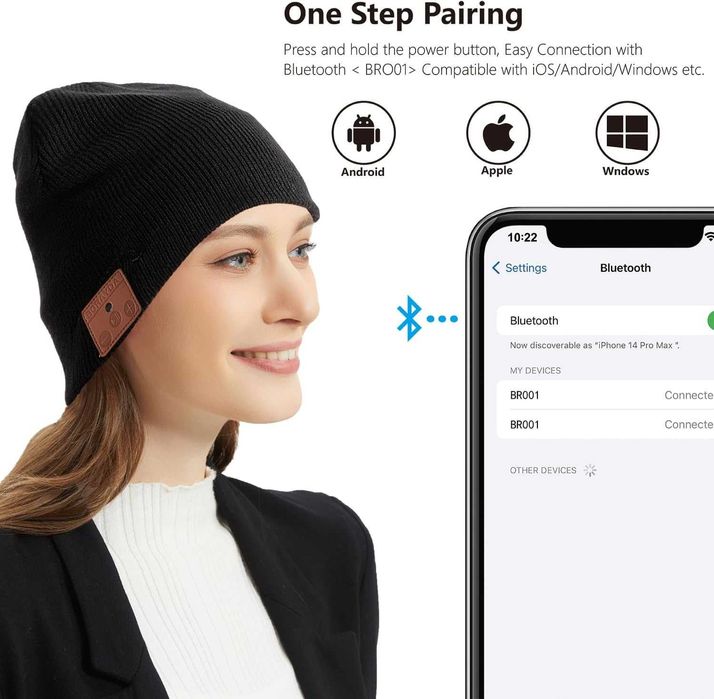 BORAYDA Bluetooth шапка черна, Bluetooth 5.2,HD стерео, вълна