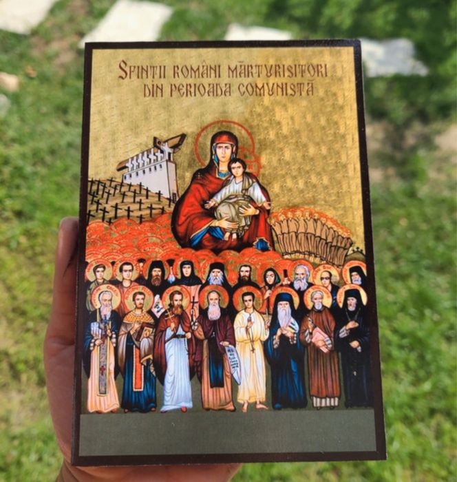 Icoana Maica Domnului si Sfintii Romani Litografie pe lemn icoana sfin