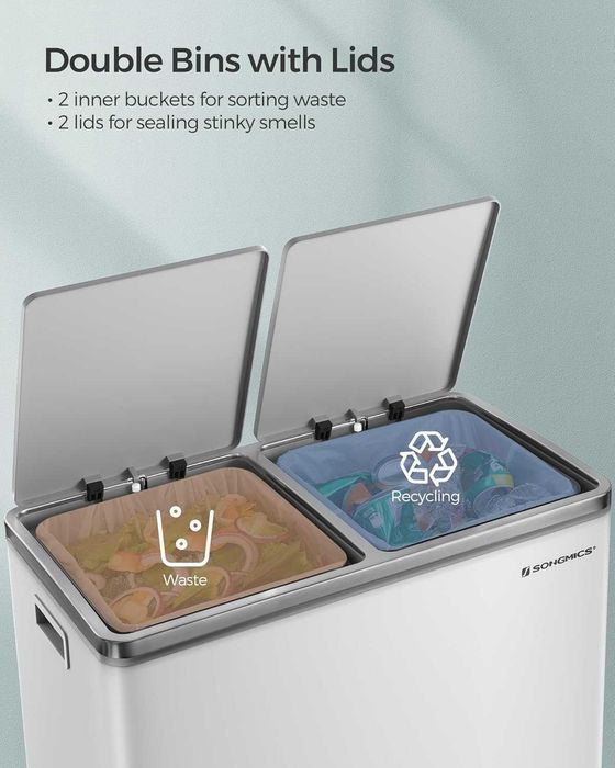 Cos gunoi dublu SONGMICS, 2x30L, cu pedale si galeata detasabila, alb