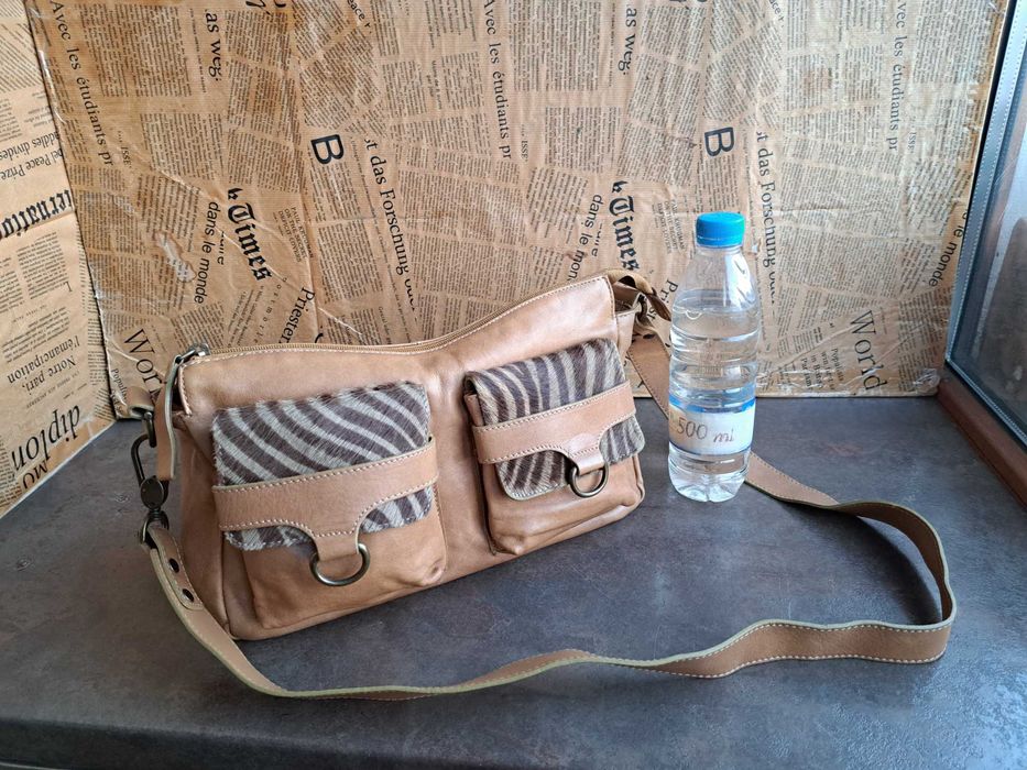 дамска чанта бежова малка чанта-естествена кожа и косъм