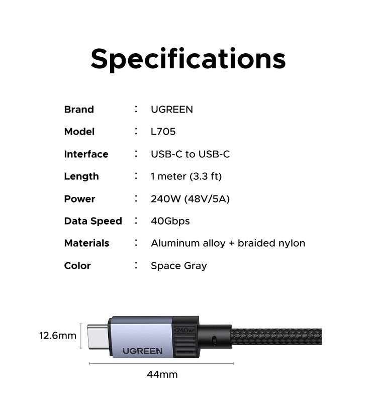 Кабелб UGREEN  Type-C USB4 Gen3 240W 40Gbps PD 3.1