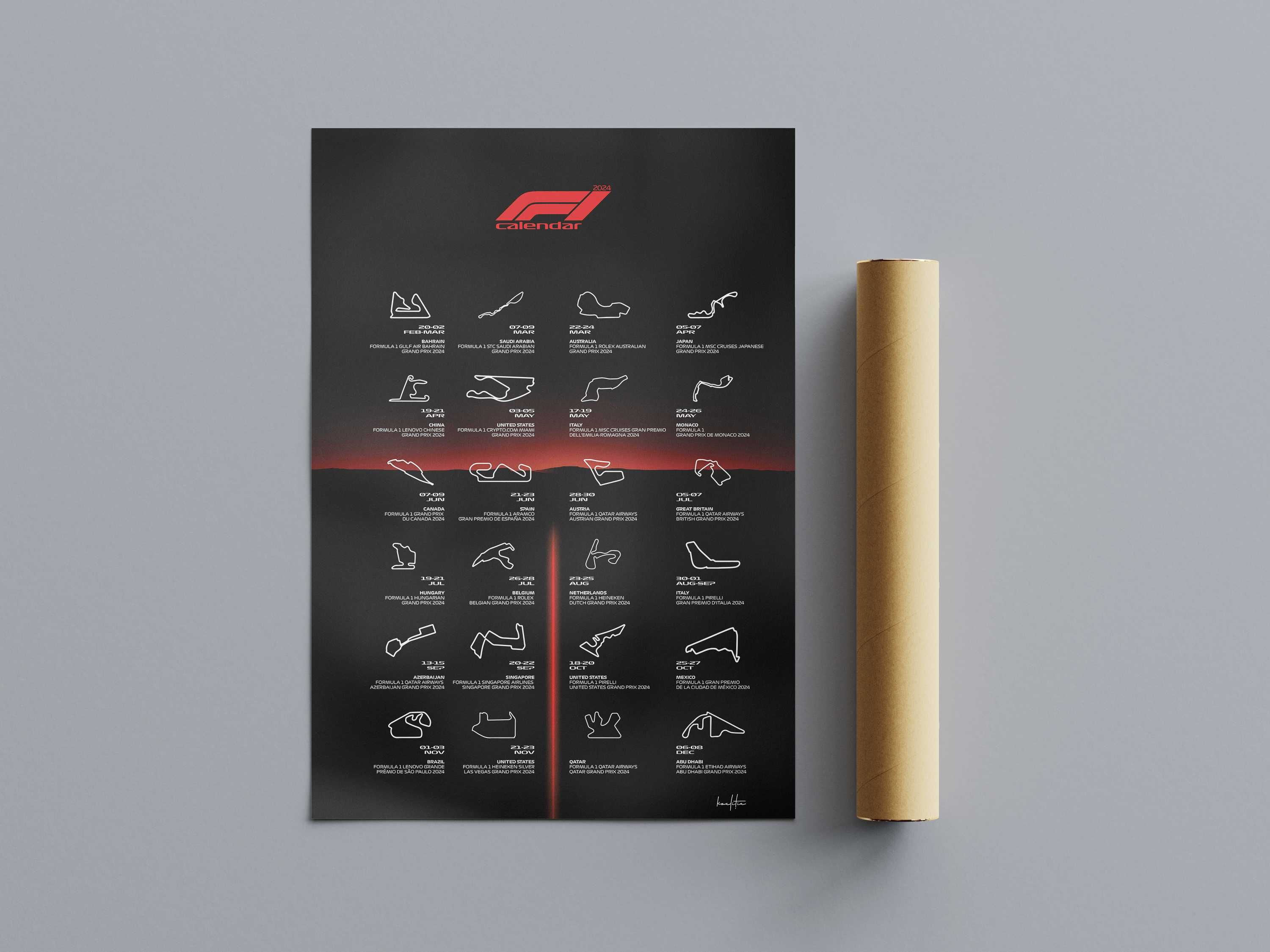 Calendar/Poster Formula 1 2024, circuite si datele. Cadou pentru fani.