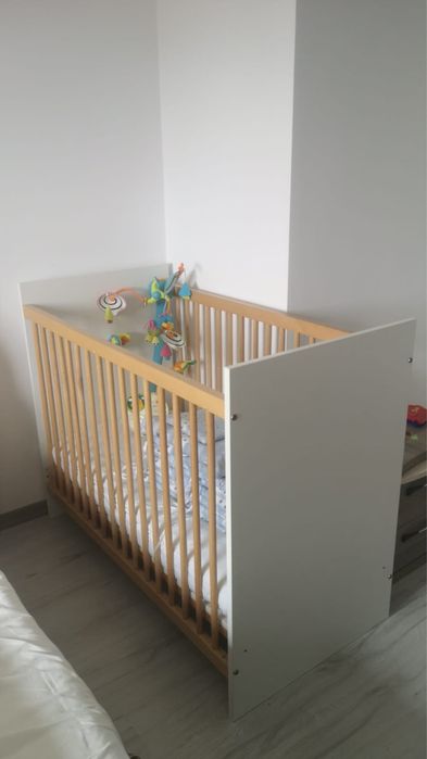 Patut copil, lemn masiv + PAL, alb + natur, 124 x 63 x 100 cm