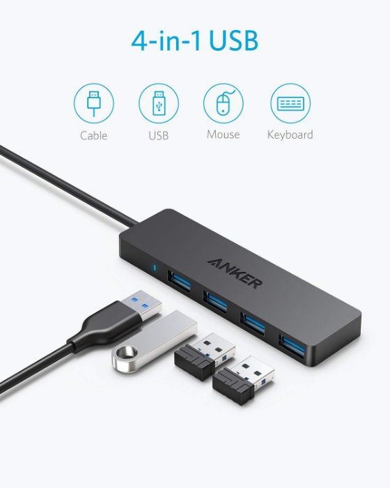 Anker® Ultra Slim 4-порта USB 3.0 Hub за телефон-60см кабел